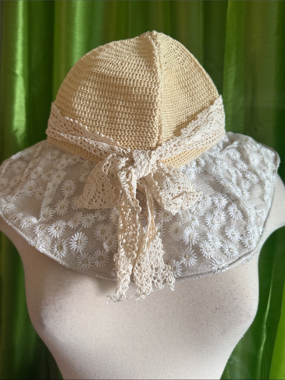 Cream Crochet Sun Hat with Lace Tie